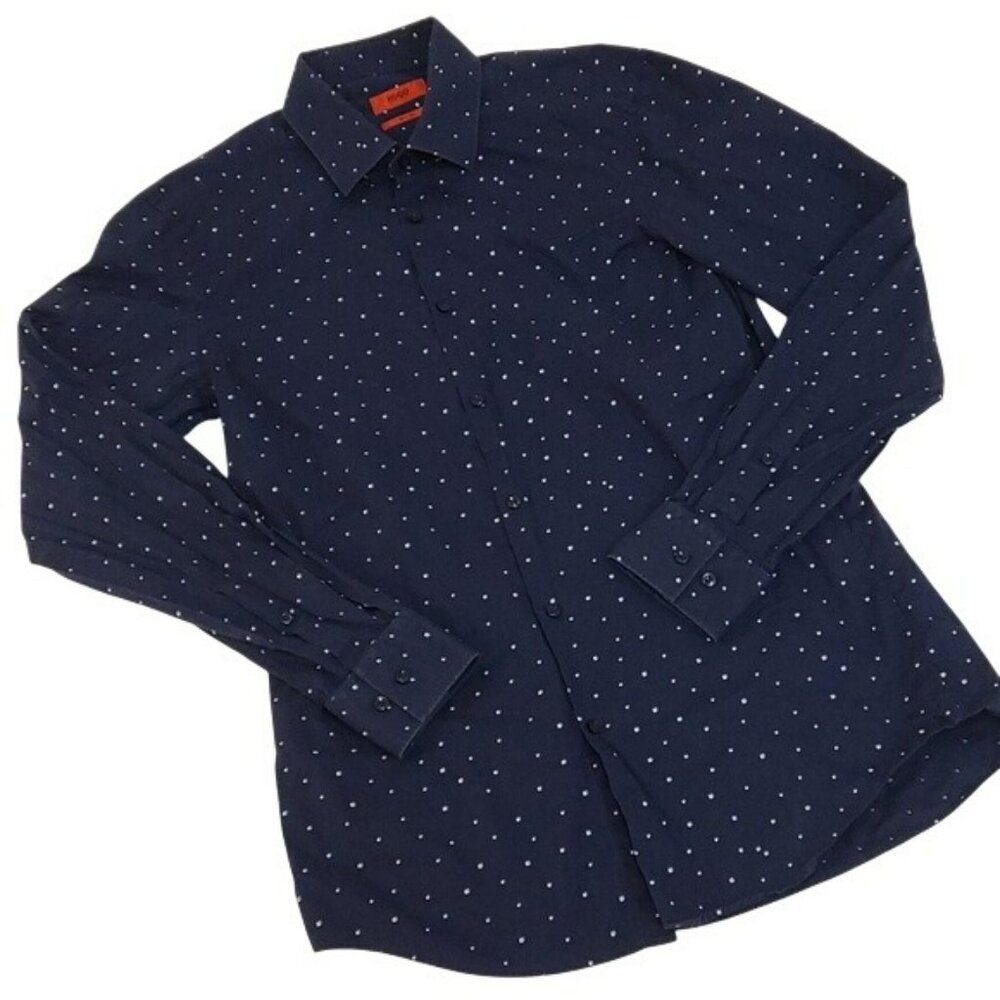 Hugo Boss Mens Slim Fit Dress Shirt Navy Shirt Blue White Micro Square 40 15 3/4